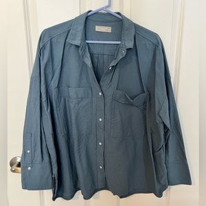 Slate blue long sleeve, oversized button up top.